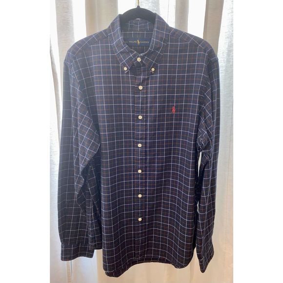Ralph Lauren Navy Blue Checkered Cotton Button Front Shirt L - Picture 1 of 7